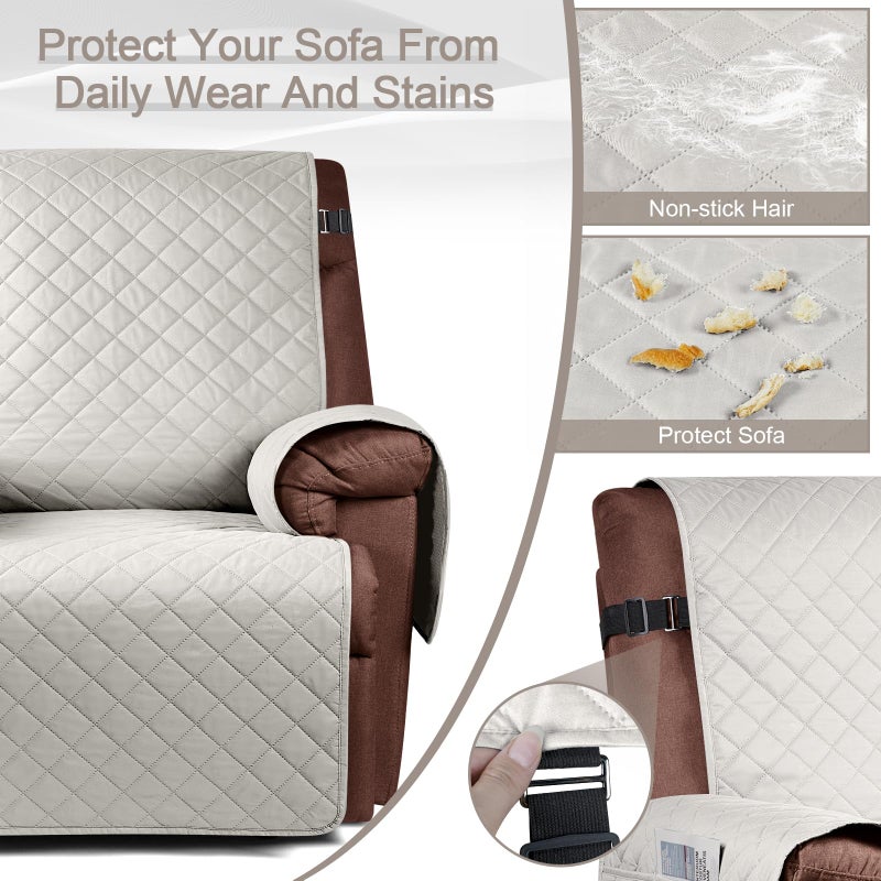 KinCam 100% Waterproof Recliner Chair Cover  Reclining Couch Covers for Pets  Dogs  Recliner Couch Slipcover Furniture Protector with Elastic Straps for Kids(23.6""  Beige White) - Image 5